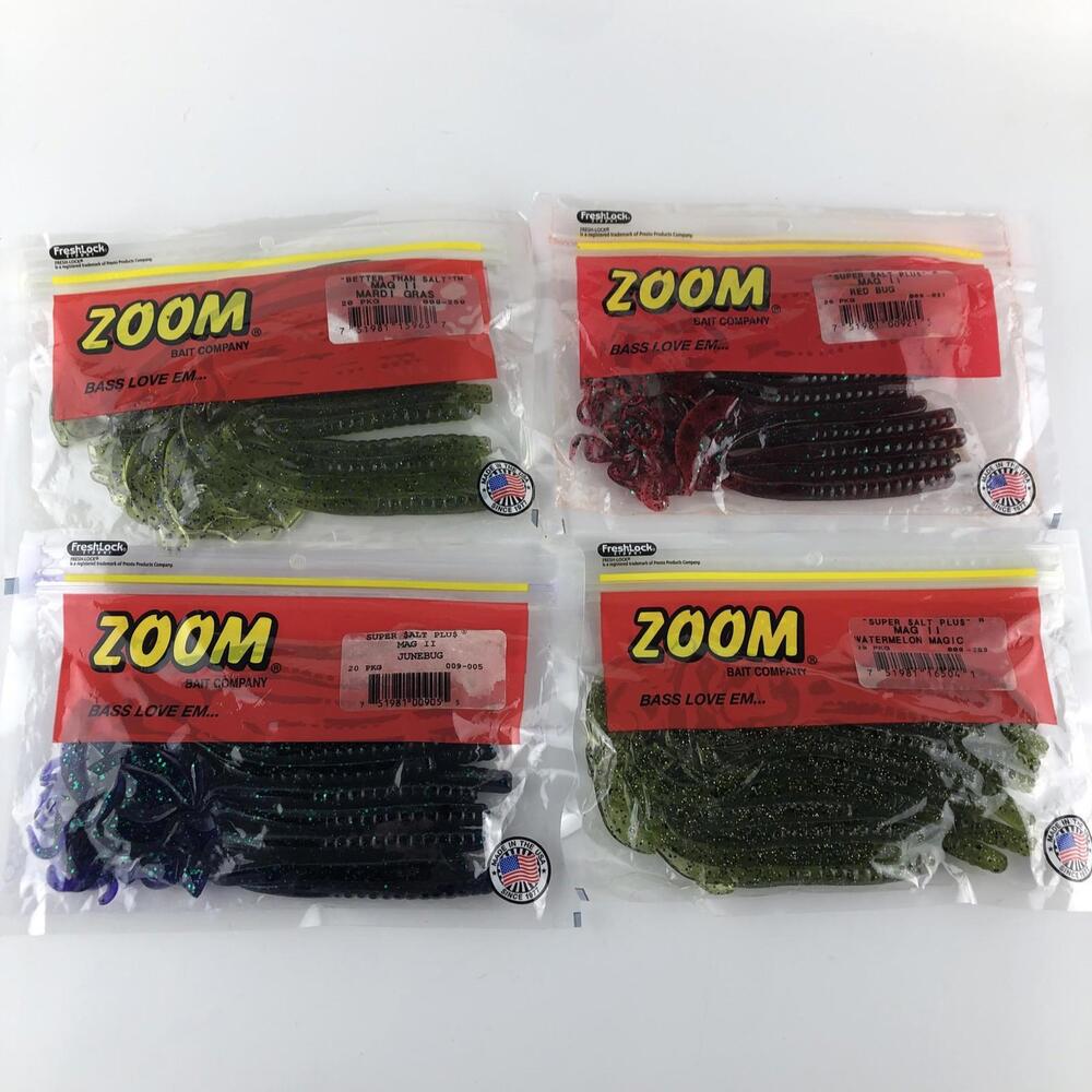 Zoom Bait Company Worms Lot Of 4 Bags red rug, junebug, watermelon magic, mardis